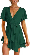 Versatile Women's Long Sleeve Deep V-Neck Mini Dress by Cosonsen