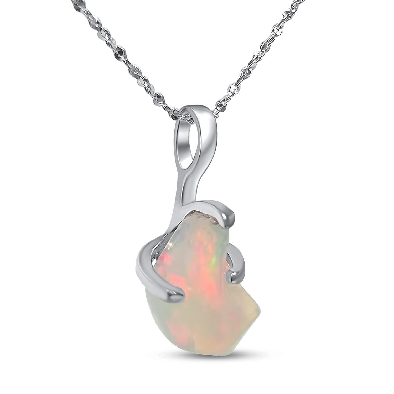Natural Raw Opal Pendant Chain Necklace in White Gold 925 Silver