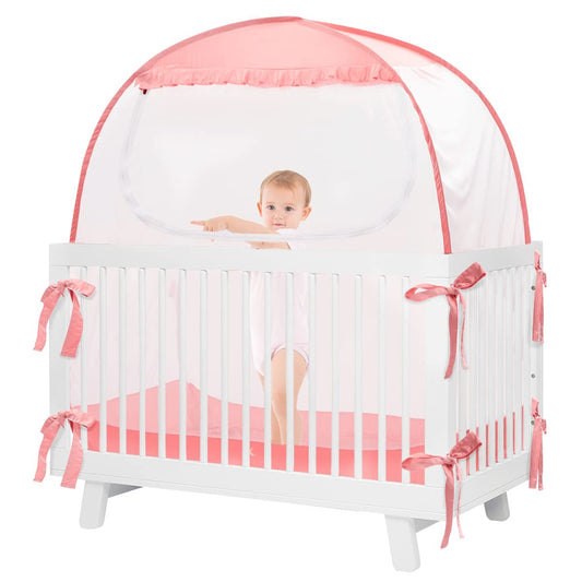 Secure Baby Sleep: Pink Crib Tent Safeguards with Pop-Up Design