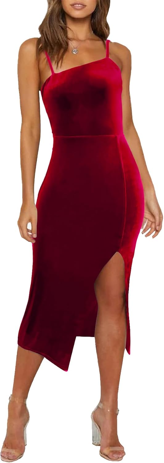 OWIN Women's Adjustable Spaghetti Straps Midi Bodycon Dress