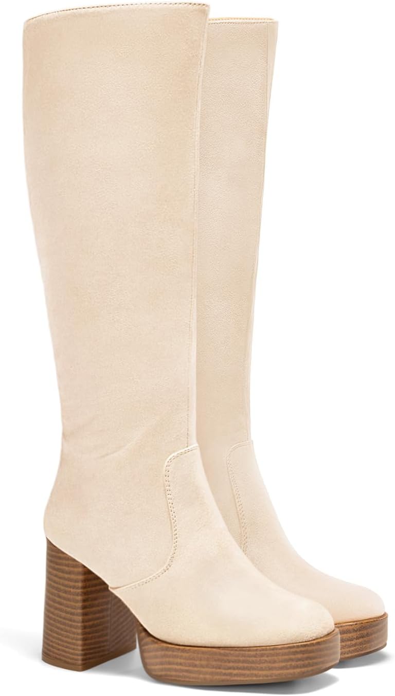 Coutgo Womens Platform Knee High Boots with Chunky Block Heels