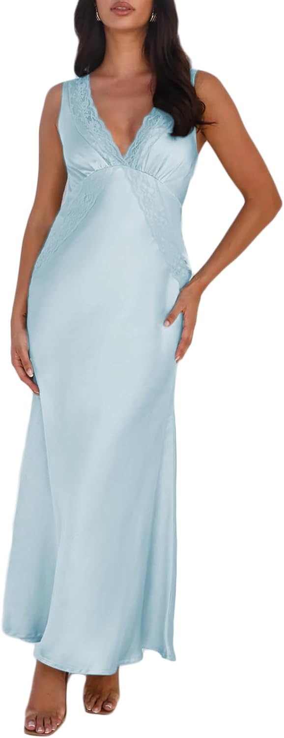 Elegant Summer Satin Lace V Neck Backless Maxi Dress for Women