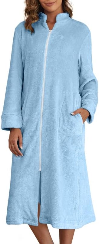 Ekouaer Women's Zip Up Robe Fleece Bathrobe with Pockets