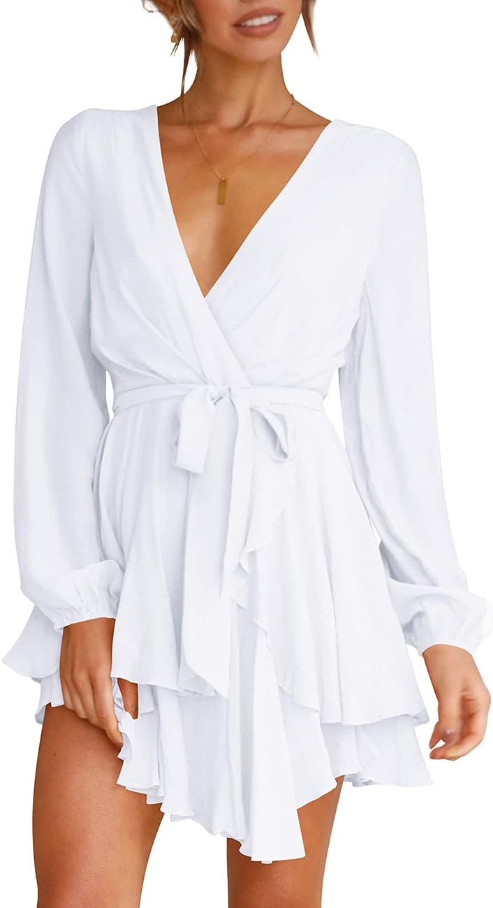 Cosonsen Women's Deep V-Neck Long Sleeve Mini Swing Dress