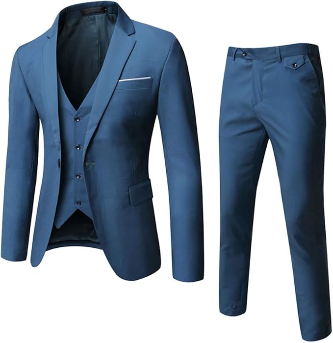 WULFUL Mens Slim Fit Suit One Button 3-Piece Blazer Set