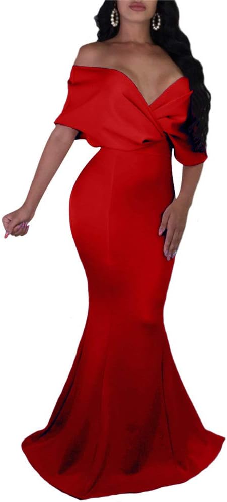 GOBLES Women Sexy V Neck Off The Shoulder Evening Gown