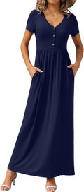 Womens Long Maxi Dress V Neck Button Pockets - Soft Stretch Rayon