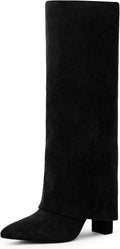 Fold Over Knee High Boots Women - Chunky 3.5in Heels, Wide Calf Fit