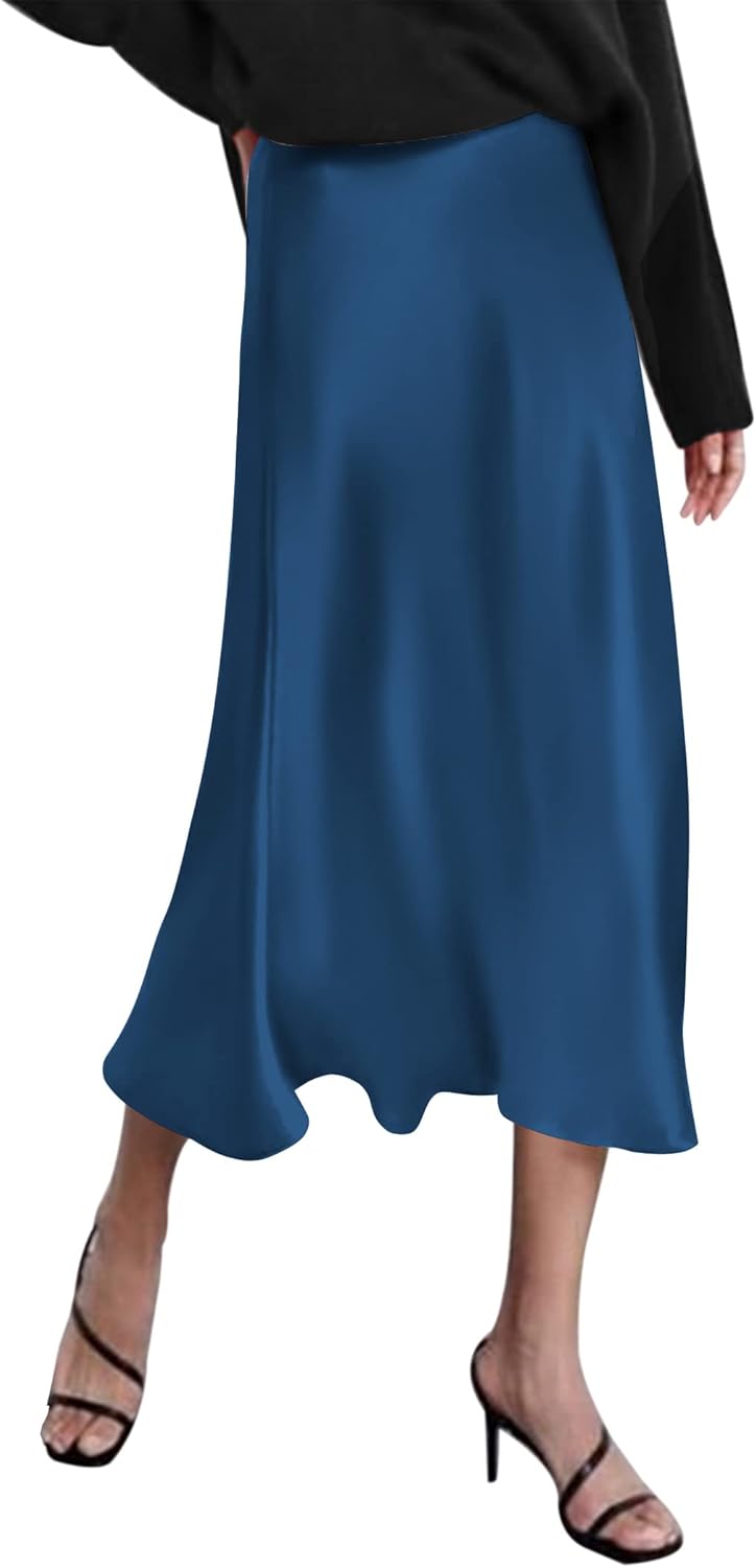 Elegant High Waist Satin Midi Skirt for Women by Zeagoo