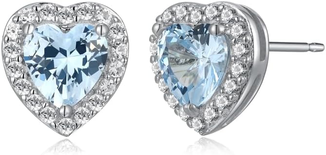 Sterling Silver Birthstone Halo Heart Stud Earrings for March
