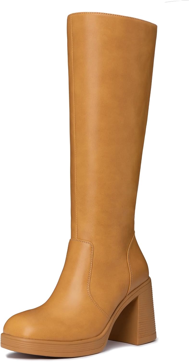 Athlefit Black Knee High Boots for Women with Chunky Heels
