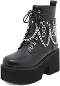 Chain Platform Boots Lace Up & Zipper Chunky Heel Black Combat Booties