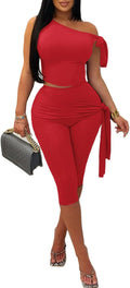 Vssjavun Women's 2 Piece One Shoulder Crop Top and Capri Set Jewelry
