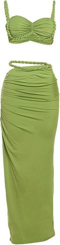 Women's Two Piece Skirt Sets Summer Beach Sexy Ruched Backless Cami