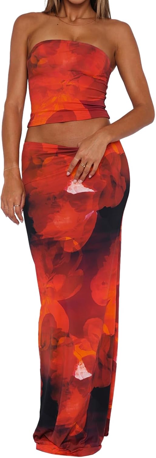 Floral Sleeveless Tube Top Bodycon Maxi Skirts for Women