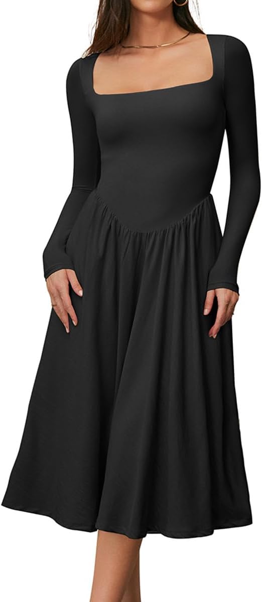 Chic Square Neck Long Sleeve A-Line Midi Dress for Women