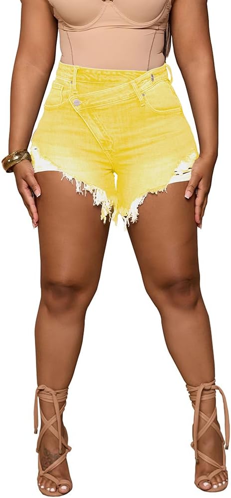 PINSV Women's High Waisted Crossover Denim Shorts for Summer