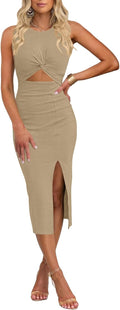 oten Women's Cutout Twist Front Side Slit Ribbed Knit Bodycon Midi