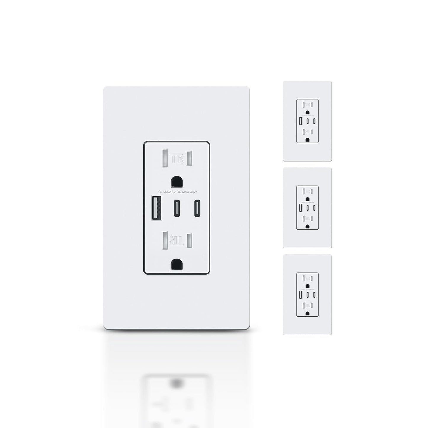 USB Outlet with 3 Ports, 30W Charging Capacity, 4 Pack