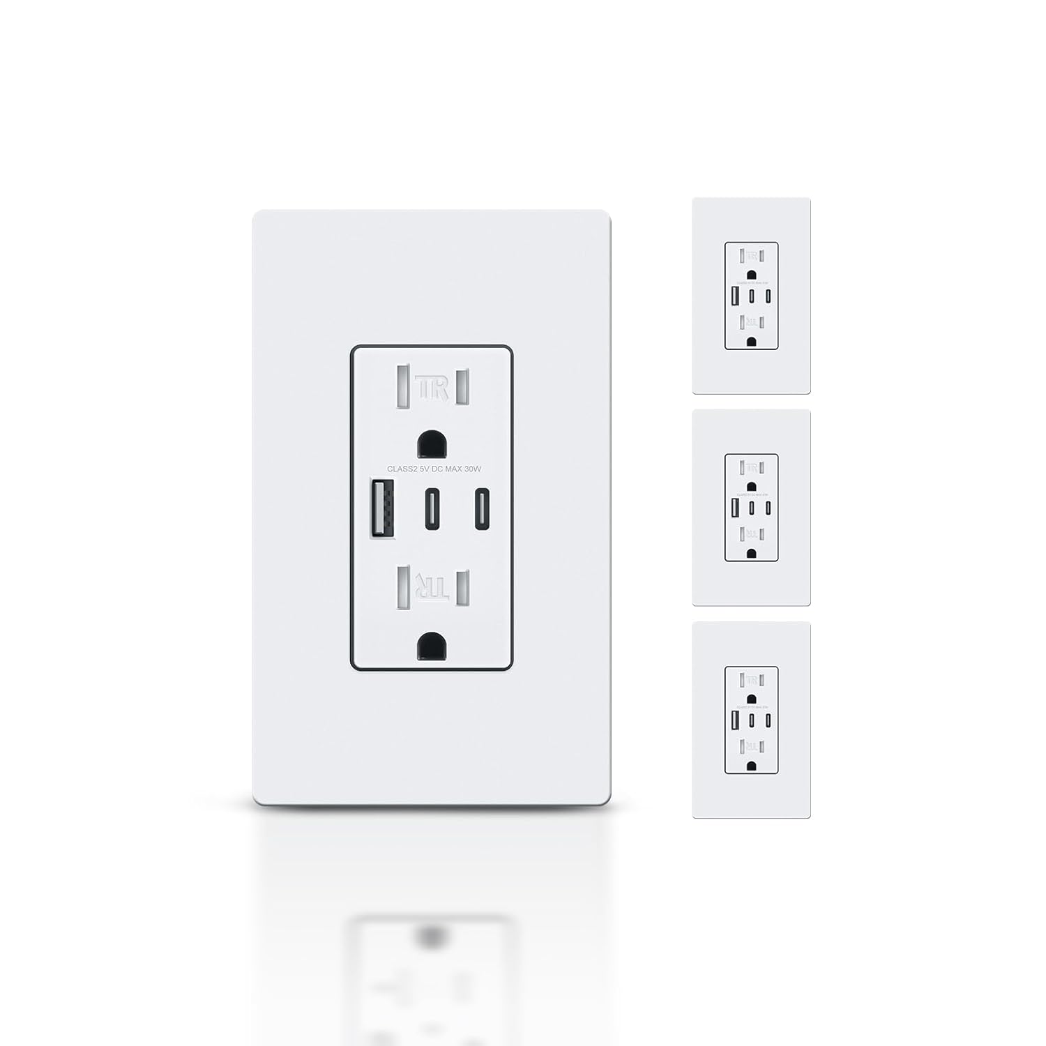 USB Outlet with 3 Ports, 30W Charging Capacity, 4 Pack
