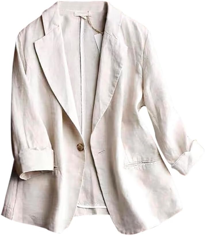 Linen Blazer for Women 3/4 Sleeve Lightweight Spring Summer