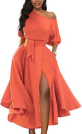 Womens Elegant Off Shoulder Short Sleeve Belted Swing Dress - Timeless