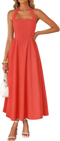 Sleeveless Halter Midi Dress - Flowy High Waist Summer Swing