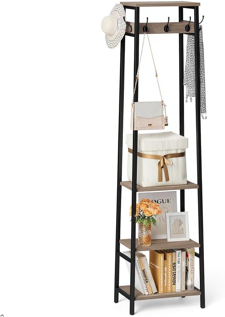 Coat Rack Freestanding with 3 Shelves and 7 Hooks for Storage
