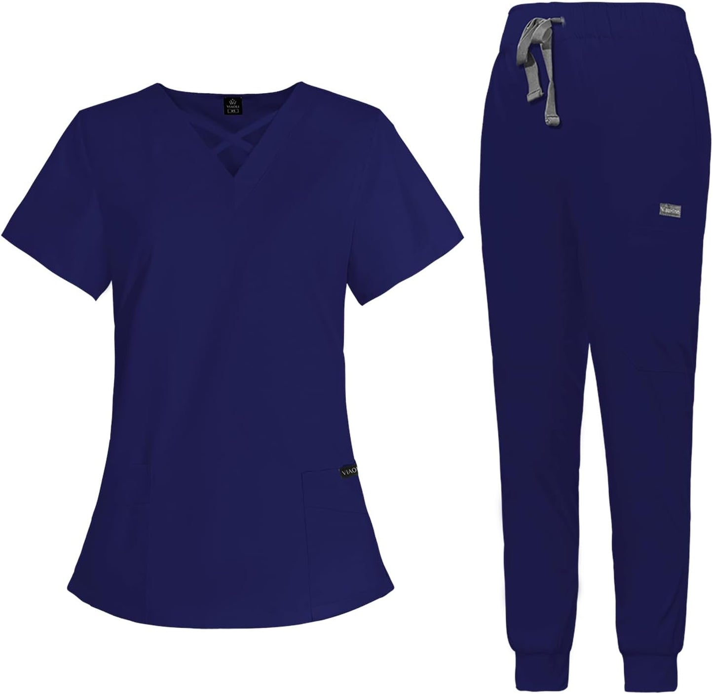 VIAOLI Scrubs for Women Set with V-Neck Top & Jogger Pants
