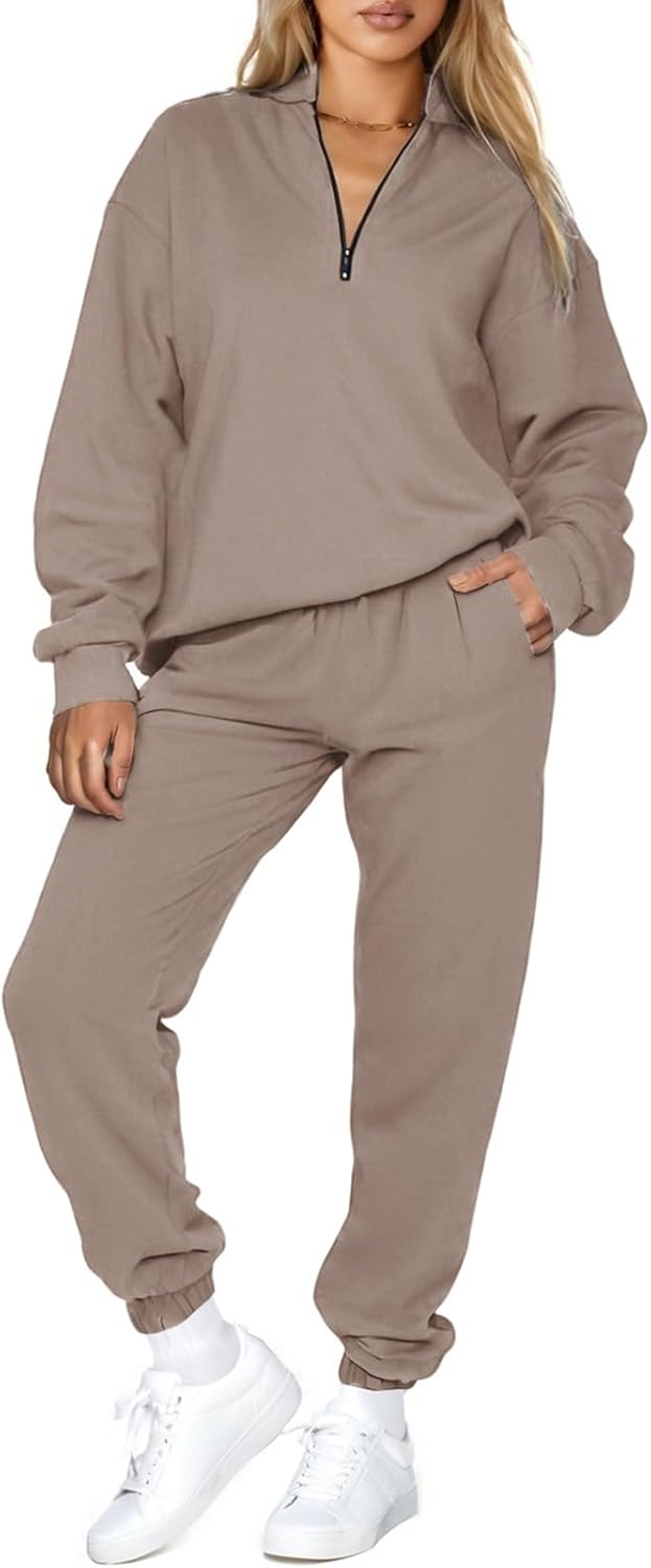Stylish Oversized Half Zip Pullover Jogger Pants Set for Women
