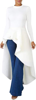 Lrady Women Ruffle High Low Asymmetrical Long Sleeve Peplum Top Dress