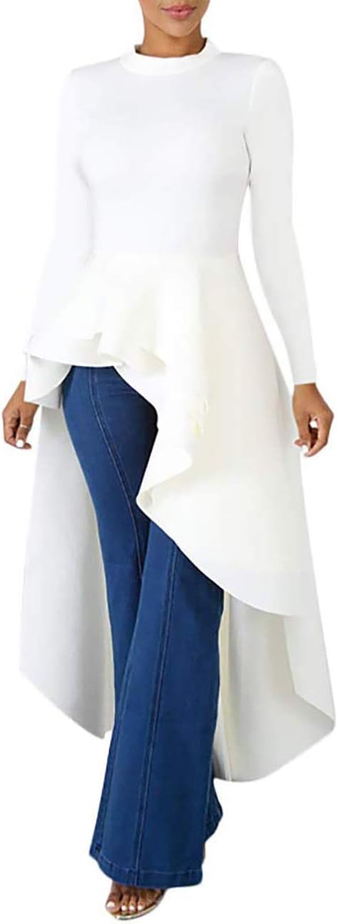 Lrady Women Ruffle High Low Asymmetrical Long Sleeve Blouse