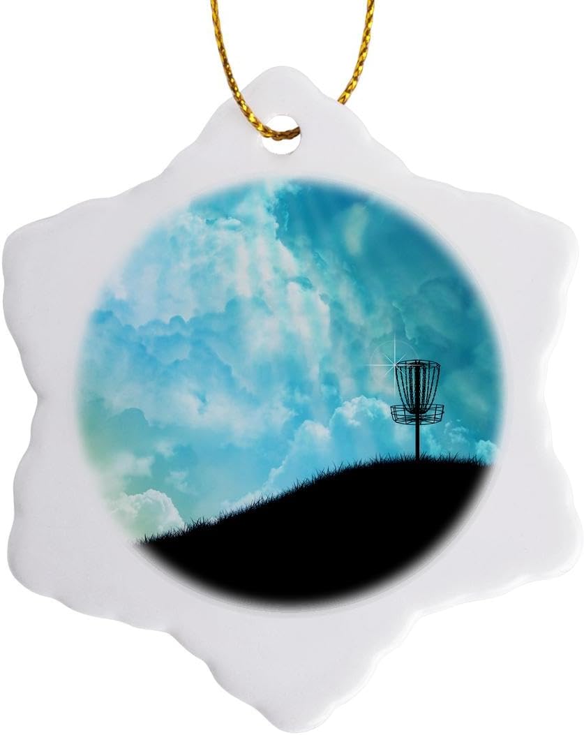 3-Inch Porcelain Snowflake Ornament: Frisbee Disc Golf Basket Silhouette