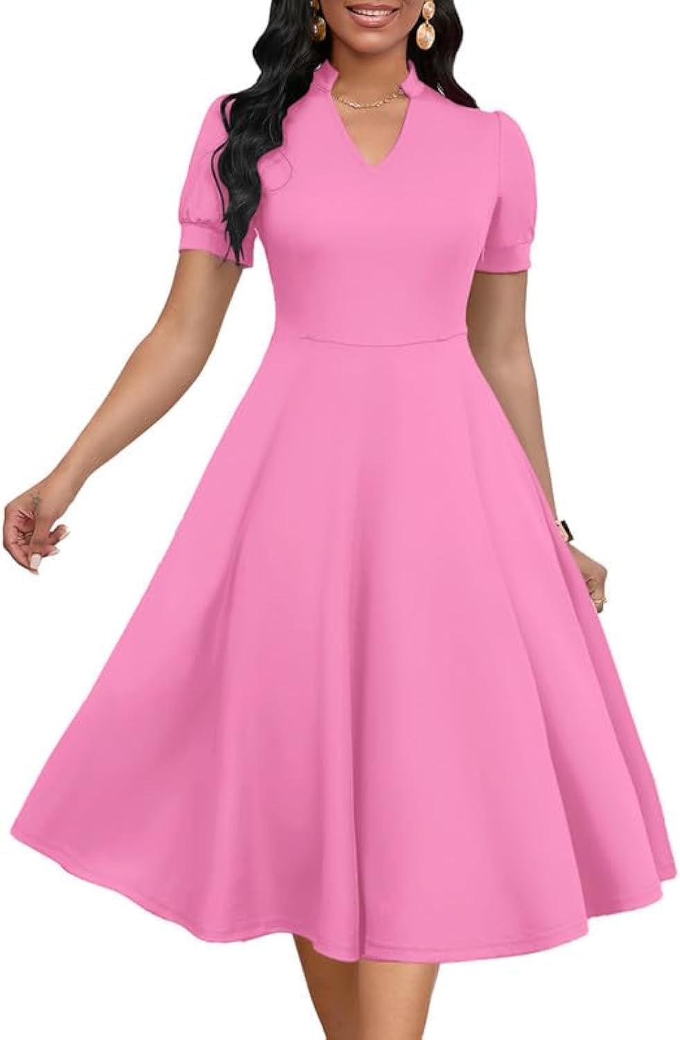 Womens Short Puff Sleeve V Neck Casual Cocktail Party Dress