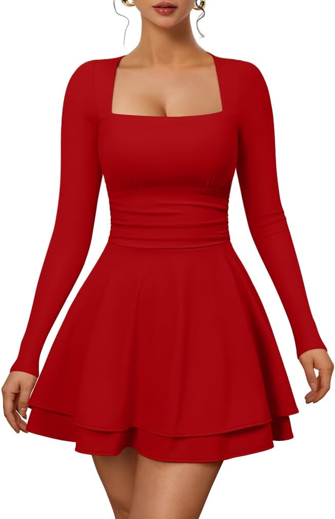 XXTAXN Women's Sexy Long Sleeve Square Neck Mini Dress