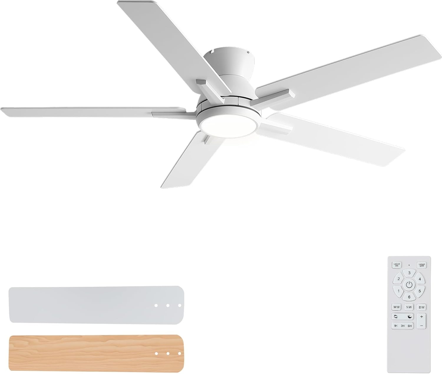52 Inch White Flush Mount Ceiling Fan with Remote Control