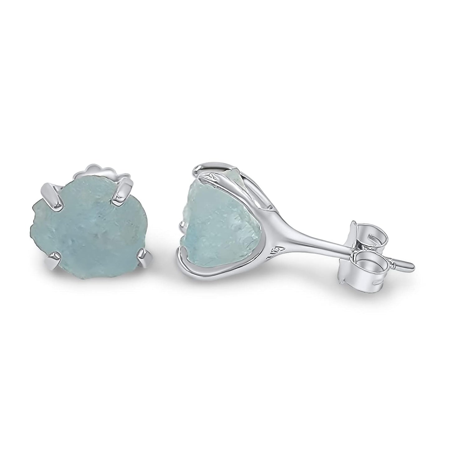 Natural Raw Aquamarine Stud Earrings in White Gold Over Silver