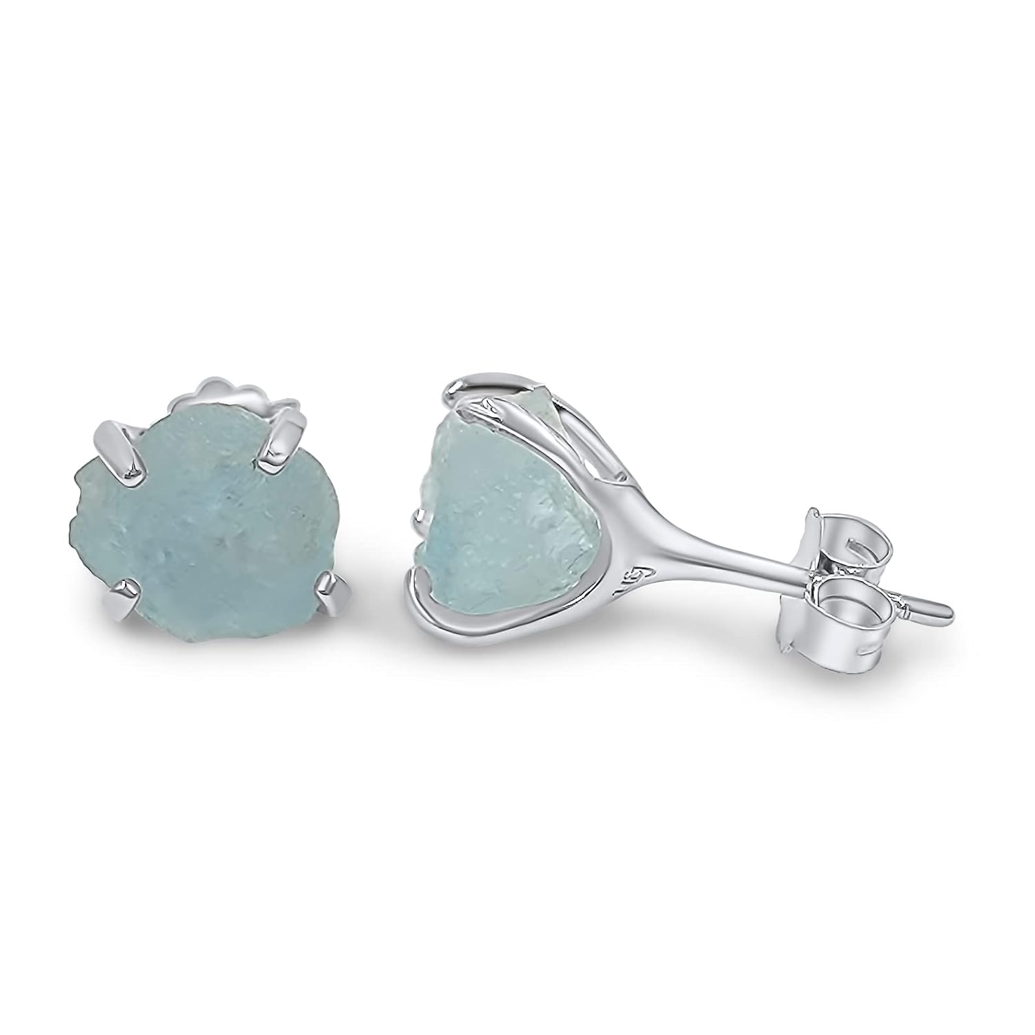 Natural Raw Aquamarine Stud Earrings in White Gold Over Silver