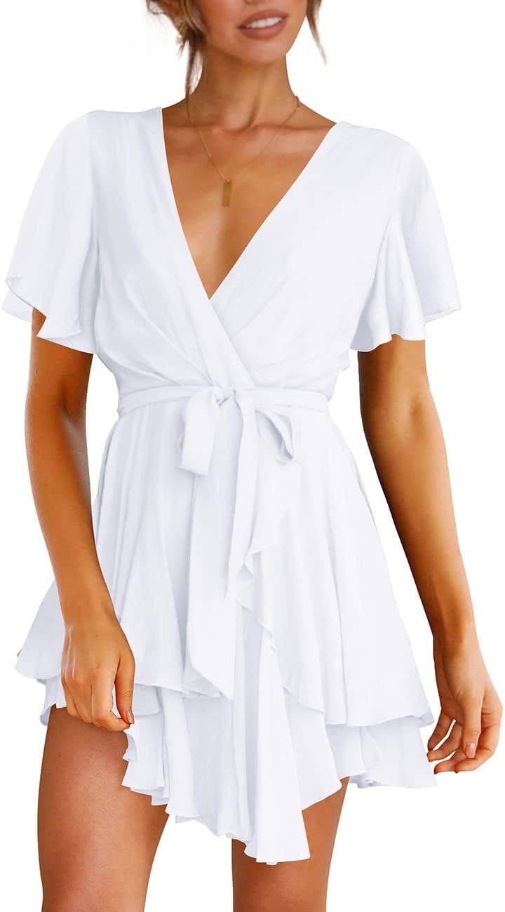 Cosonsen Women's Deep V-Neck Long Sleeve Mini Swing Dress