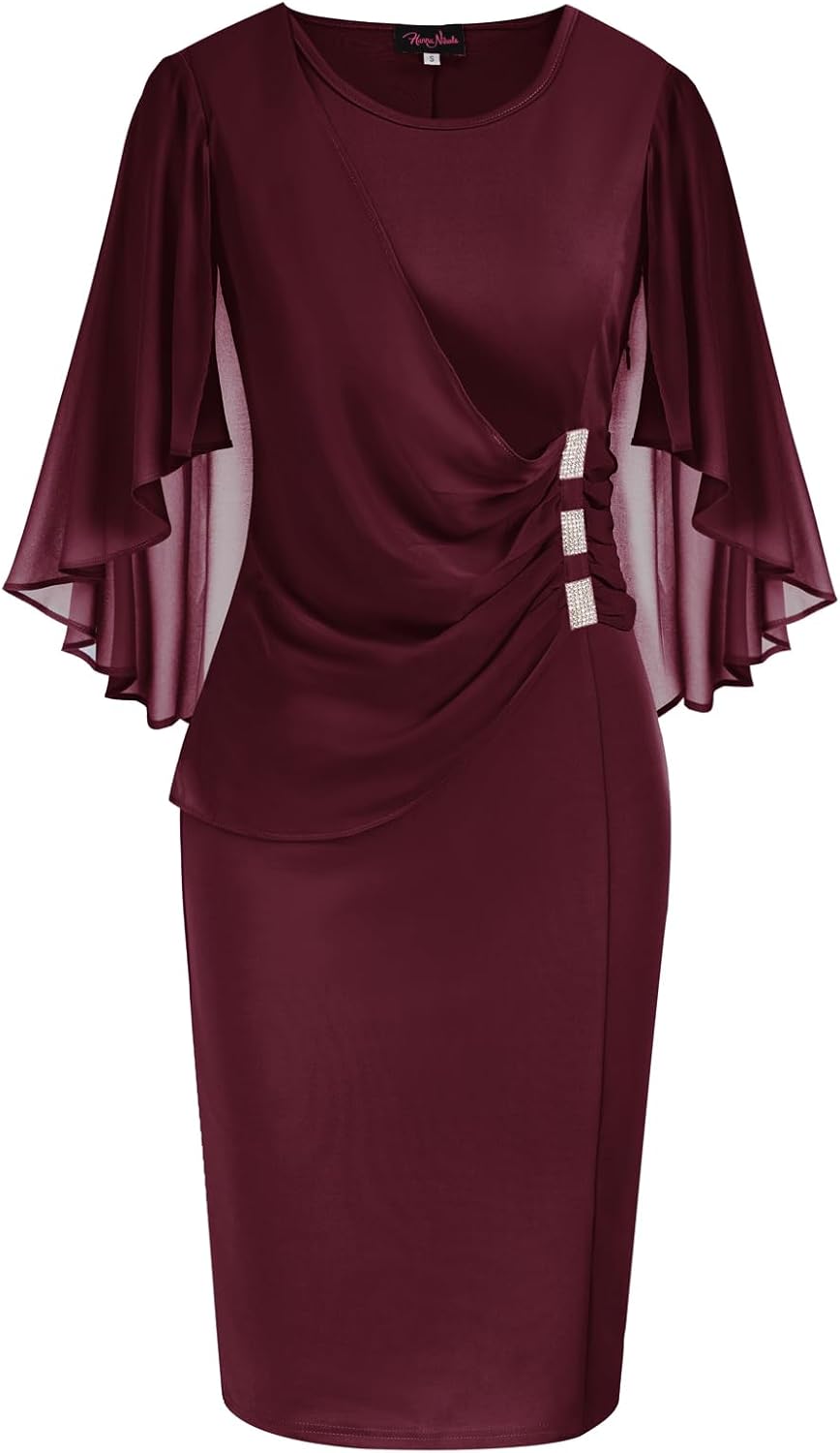 Plus Size Chiffon Ruffle Cape Sleeve Bodycon Pencil Dress