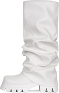 VOMIRA Women's Fold Over Slouchy Wide Calf Glitter Silver Boots