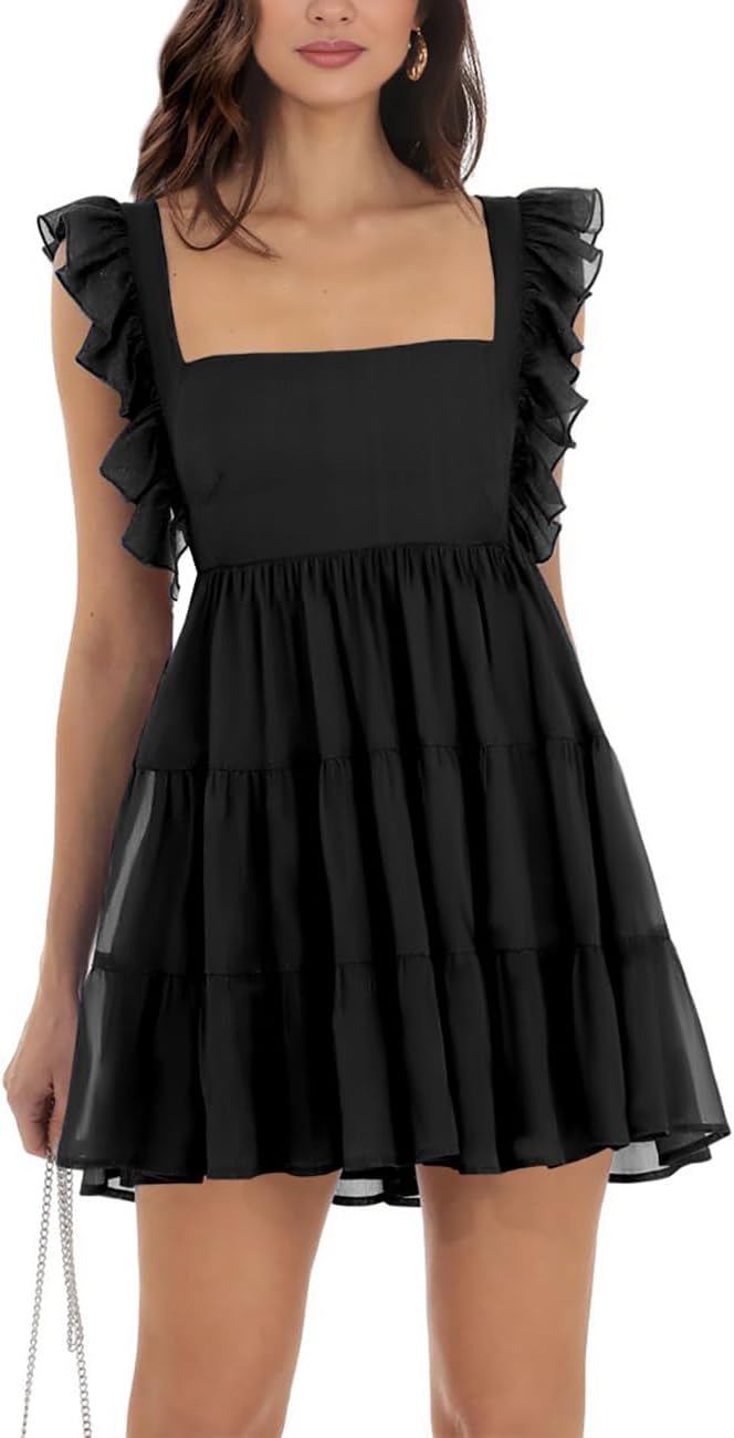 Womens Summer Square Neck Tie Back Ruffle Sleeve Mini Dress