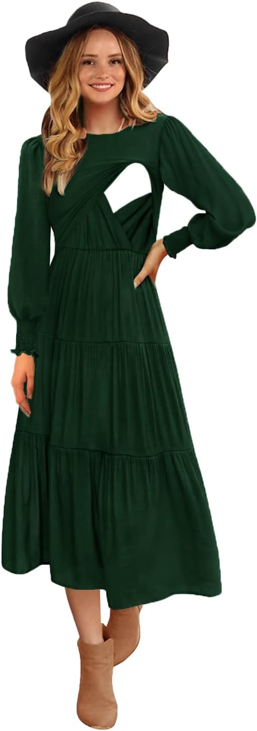 Womens Flutter Long Sleeve Smocked Tiered Nursing Dress Review