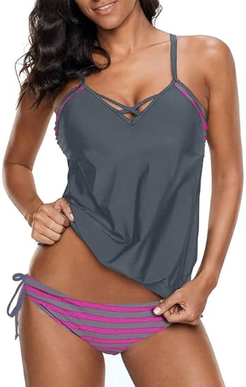 Dokotoo Womens 2023 Fashion Stripes Print Double Up Tankini Sets
