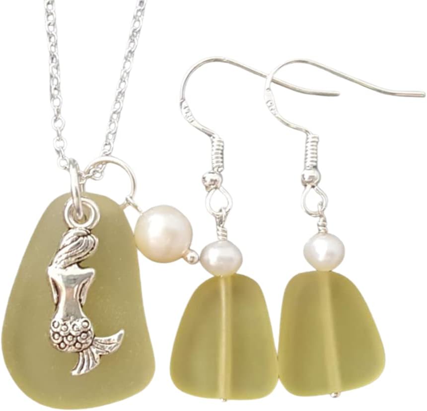 YInahawaii Handmade Yellow Topaz Sea Glass Necklace Set Gift