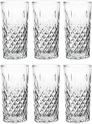 Set of 6 Vikko Crystal Tall Glasses - 12.25oz Highball, Textured & Dishwasher Safe