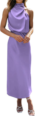 Sleeveless Mock Neck Satin Maxi Dress - Flattering Evening Fit Formal