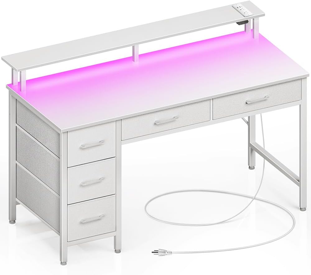 Seventable Computer Desk with Power Outlets & LED Light Features
