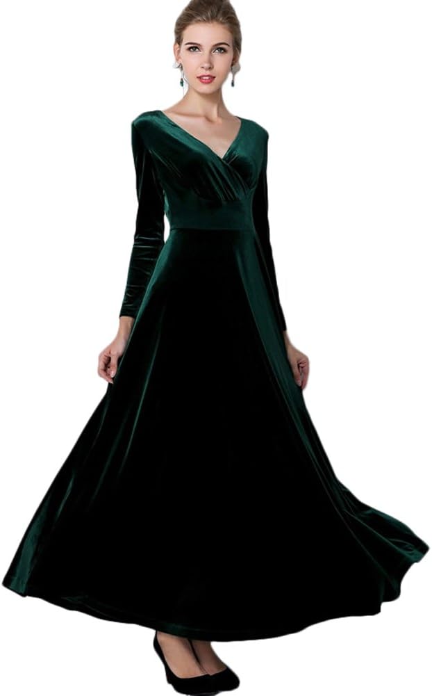 Urban CoCo Women Long Sleeve V-Neck Velvet Stretchy Dress