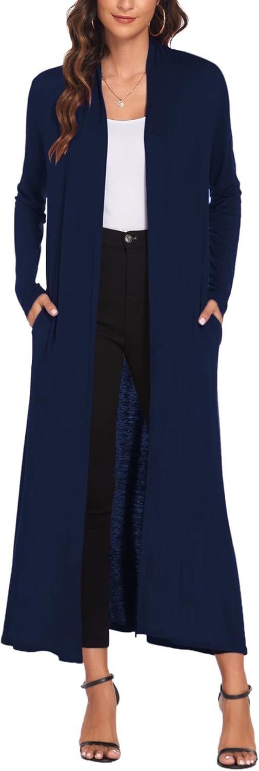 Bluetime Women Floor Length Open Front Cardigan with Pockets